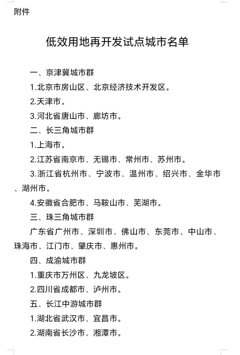 “關(guān)于開展低效用地再開發(fā)試點工作的通知”，以下城市、城區(qū)，被納入了試點